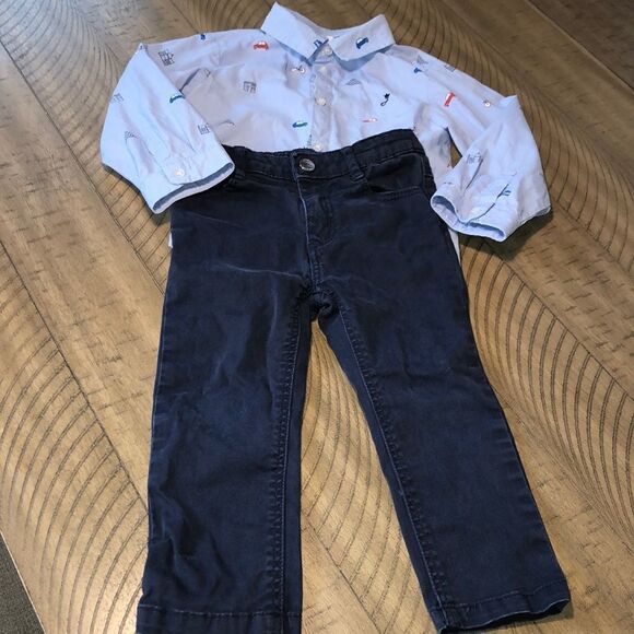 Jacadi Paris Matching ‘Jet’ Set All Cotton. 5 Pocket Logo Jeans 👖& Shirt. Oui! - Picture 1 of 17